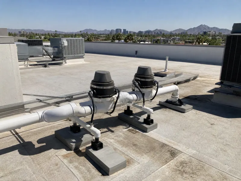Commercial radon and vapor mitigation system on a Phoenix office building roof