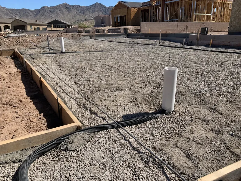 Radon resistant new construction rough-in piping under a new Arizona home slab