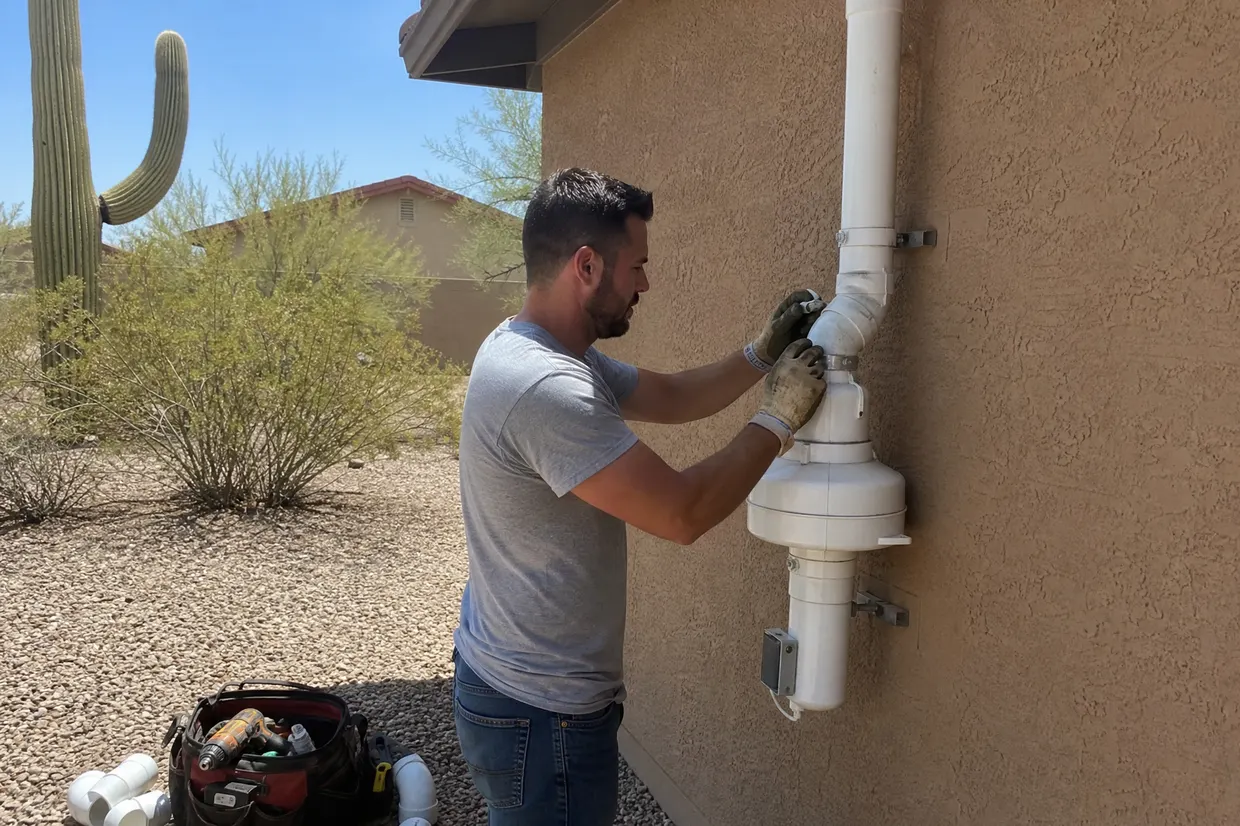 Radon mitigation system being installed on a Phoenix Arizona stucco home