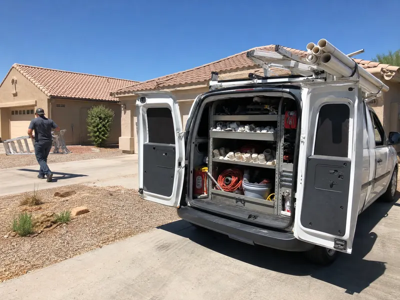 Phoenix Radon Mitigation crew and service van at a Valley jobsite